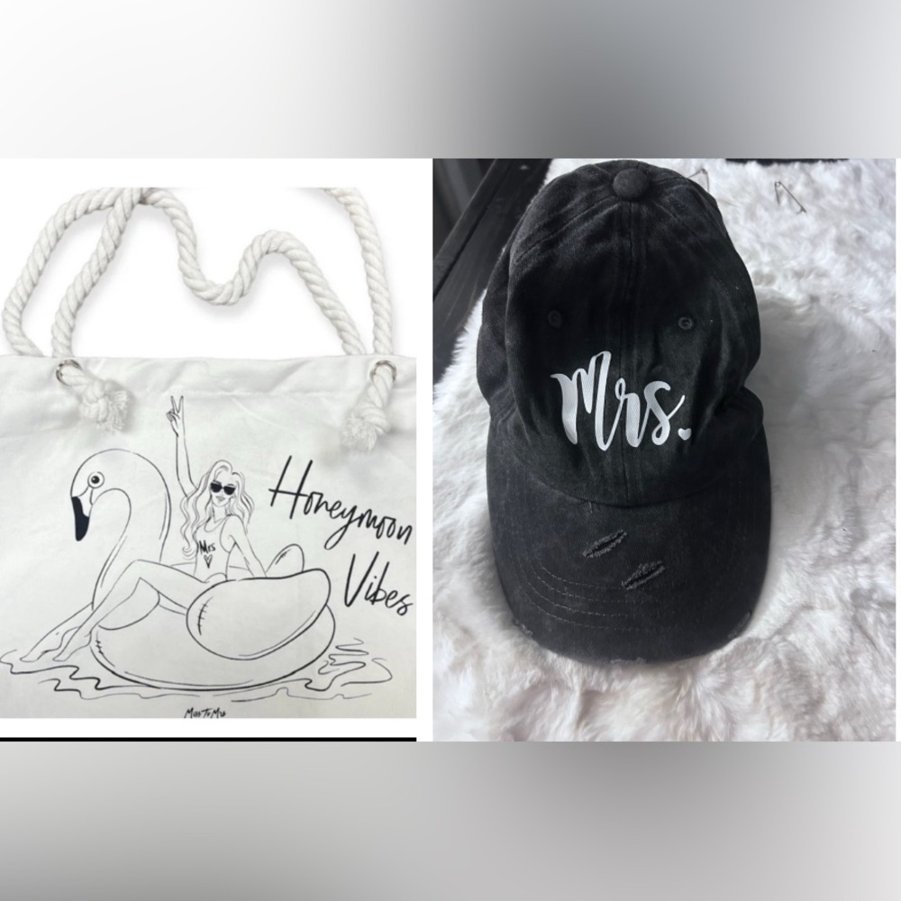 50%offw❤️ Miss to Mrs Honeymoon Vibes White Canvas Beach Tote Mrs. Cap